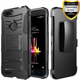 ZTE Blade Z Max Case, Dual Layers [Combo Holster] Case And Built-In Kickstand Bundled with [Tempered Glass Screen Protector] Hybird Shockproof And Circlemalls Stylus Pen (Black)